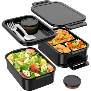 Adult Bento Box Lunch Box - Large Style Stackable Bento Lunch Box for Adults, 72oz All-in-One 3 Layers Bento Boxes Leak-Proof Lunchbox with Utensil Sauce Containers for Dining Out,Work, Black