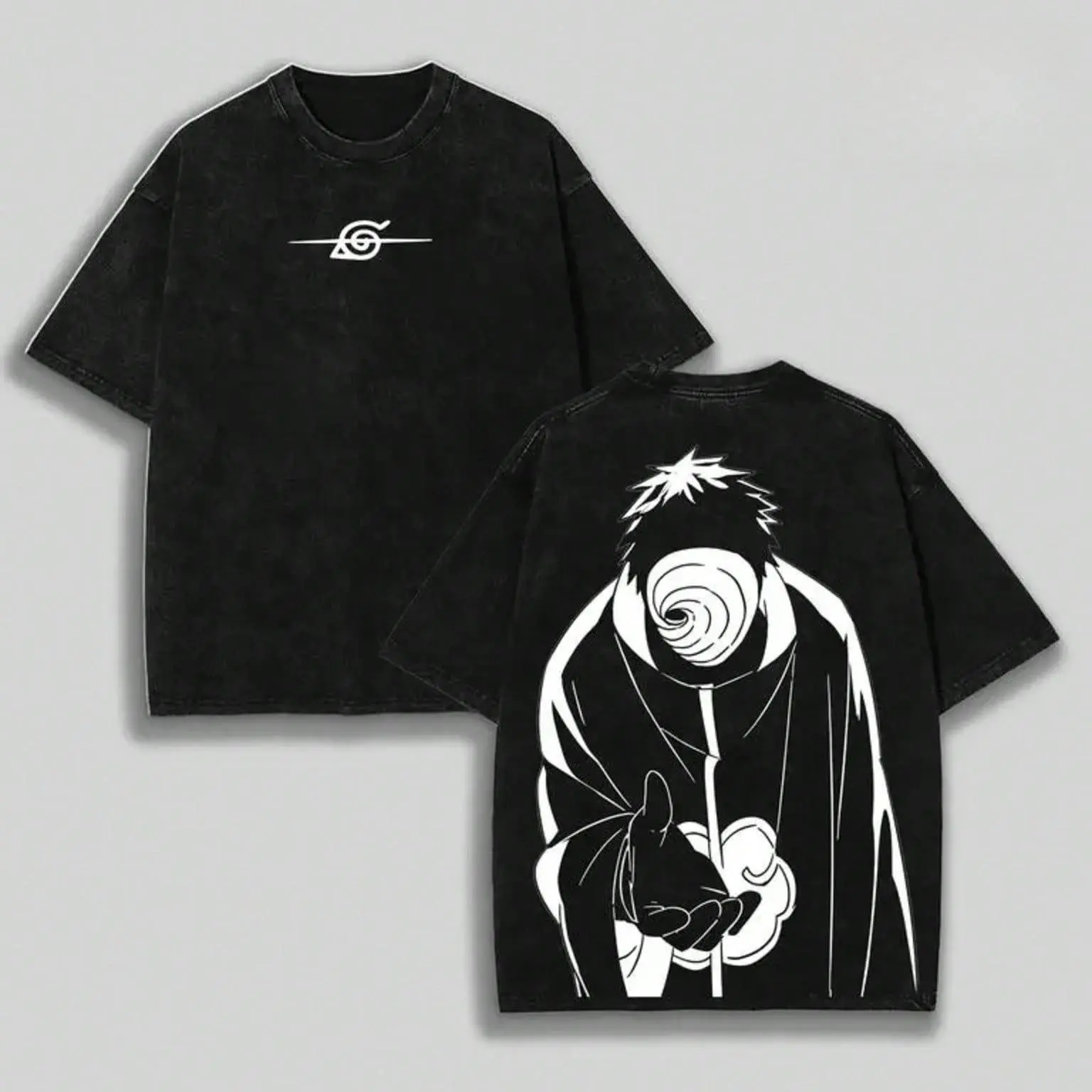 Men's Y2K Vintage Acid Wash Black Graphic T-Shirt, Double-Sided Minimalist Print of Obito Uchiha from Naruto, Loose Crew Neck Cotton Short Sleeve Top, Trendy Streetwear for Weekend Outings