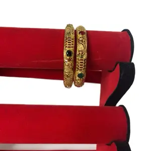 Traditional Nepali Indian Navaratna Bangles Set - 2 Pieces, 2.8 Size, Gold-Tone with Colorful Stones on Red Velvet Base, Ideal for Date Night Outfits