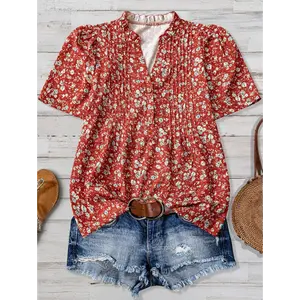 Franclia Women Summer/Autumn Ruffled Ditsy Floral Short Sleeve Blouse