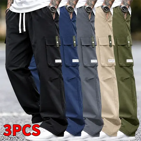 Men's Casual Menswear Straight-Leg Loose Baggy Cargo Pants 3-Pack (Black+Khaki+Gray) - Thick Heavyweight Fabric, Multiple Pockets, Drawstring Elastic Waistband, Street-Style Sports Clothes Versatile Long Pants