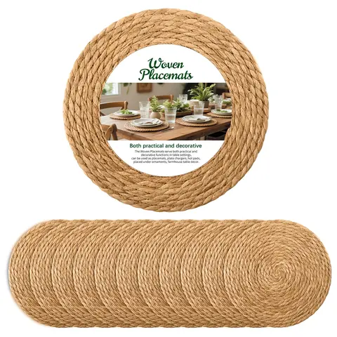 SANNAX 12-Piece Round Natural Woven Rattan Wicker Jute Braided Placemats & Plate Chargers, Boho Pattern Home Goods, Durable Rustic Kitchen Decorative Placemat for Dining Table Party Table Decor