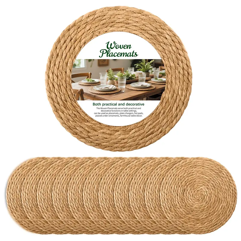 SANNAX 12-Piece Round Natural Woven Rattan Wicker Jute Braided Placemats & Plate Chargers, Boho Pattern Home Goods, Durable Rustic Kitchen Decorative Placemat for Dining Table Party Table Decor