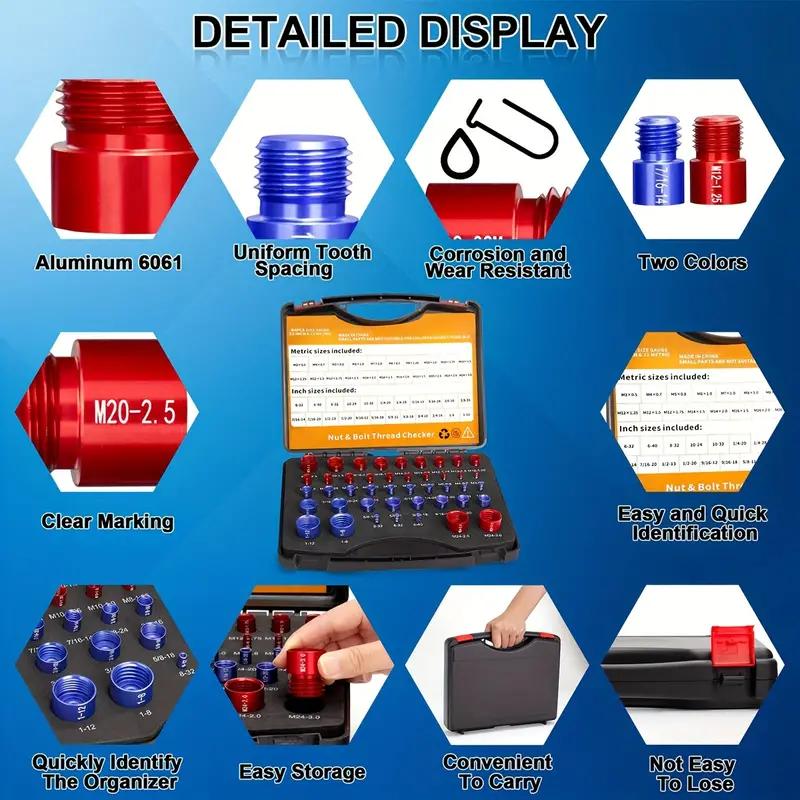 44Pcs Alloy Nut and Bolt Thread Inspector, Charge-Free Thread Gauge, Metric and SAE Size Identification Tool for Inspection of Fixed Bolts or Threaded Holes, Multi-Size Nut and Bolt Identifier with Ruler - Durable, Washable Aluminum Gauge