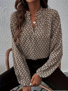 women's all over print bishop sleeve notched blouse, aesthetic elegant long sleeve top for daily wear, ladies clothes for everyday all seasons, womenswear, elegant classy tops, casual top