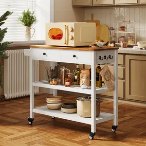 Gizoon Kitchen Island Cart on Wheels with 40'' Wood Tabletop 2 Open Tiers Spacious Storage Shelves and Towel Rack Rolling Utility Cart with 3 Side Hooks and 2 Drawer for Dining Room Bar Apartment Furniture Space-Saving