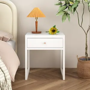 Modern White Nightstand with Drawer and Wood Knob