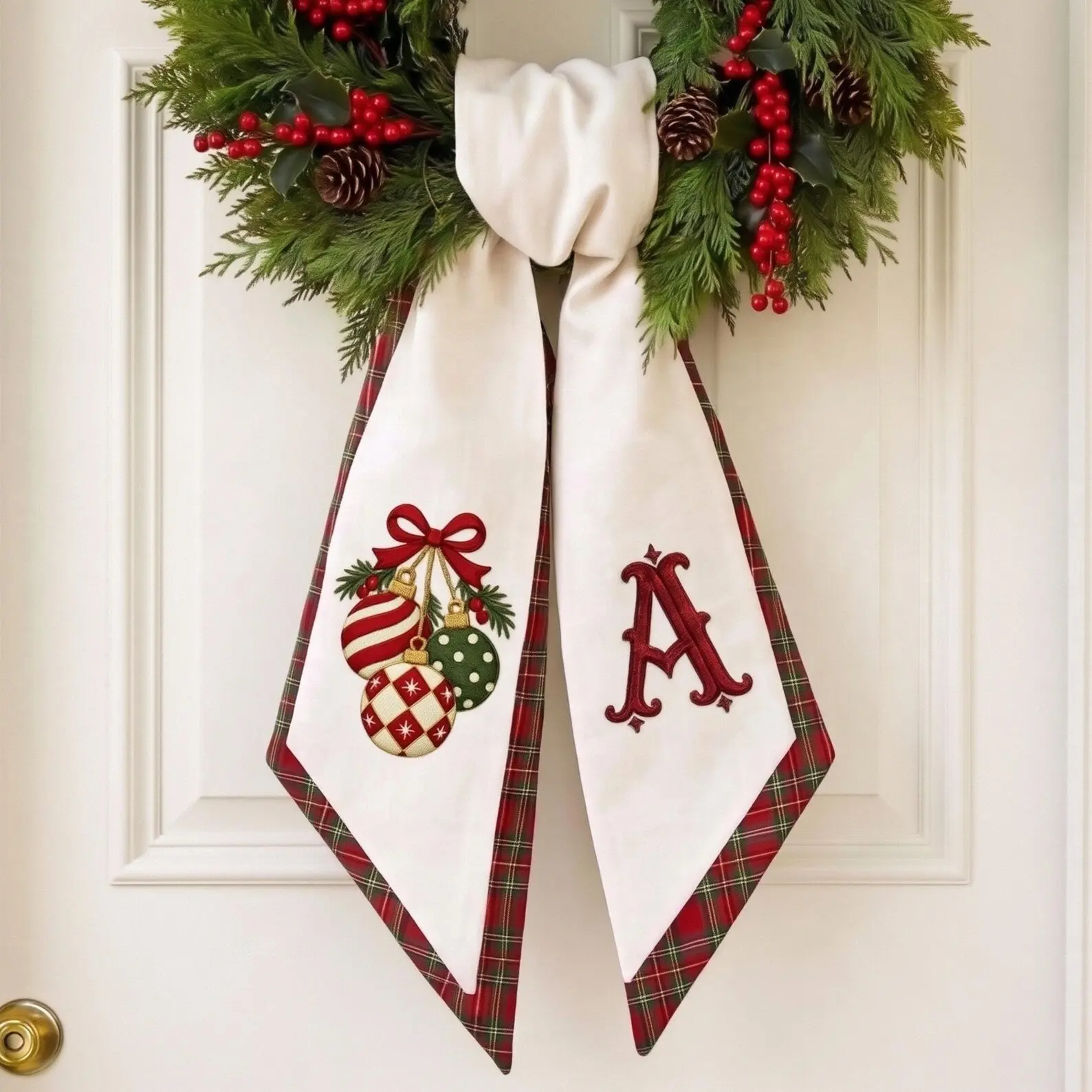 Personalized Christmas Ornament Wreath Sash, Embroidered Holiday Bauble Door Ribbon, Custom Monogram Front Door Bow with Plaid Trim