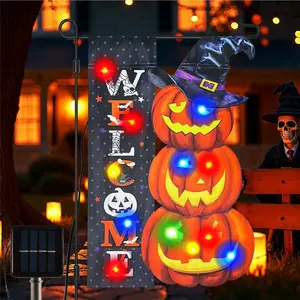 Halloween Solar Powered Pumpkin LED Flag with 22 Warm White Lights - Double Sided Design for Yard Garden Tree House Decor - Solar Light Yard Flag Diy Ornament Decoration Jack-O-Lantern-Clourful