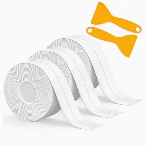 Bath & Kitchen Caulk Tape, 3 Count PVC Self-Adhesive Tub & Wall Sealing Tape, Peel and Stick Caulk Sealer, Shower Tile Sealer Tools with 2-Piece Scrapers, Waterproof No-Drill Required Bathroom Sealing Tape, Caulking Tape