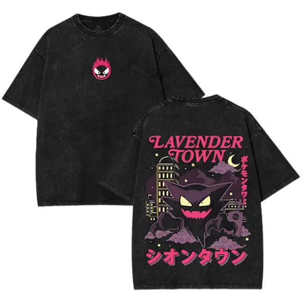 Retro 90s Gengar Ghost" Lavender Town Legend Anime Vintage Washed graphic Tee Unisex Anime Manga Washed Heavyweight Cotton T-shirt, Gift For Anime Fan, Anime Lover Streetwear