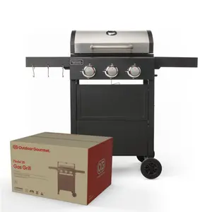 Outdoor Gourmet 3-Burner Liquid Propane Grill, Stainless Steel Camping Grill with 2 Foldable Side Shelf, Wheeled BBQ Grill,Tables Outdoor Kitchen & Backyard Barbecue 30000 BTU