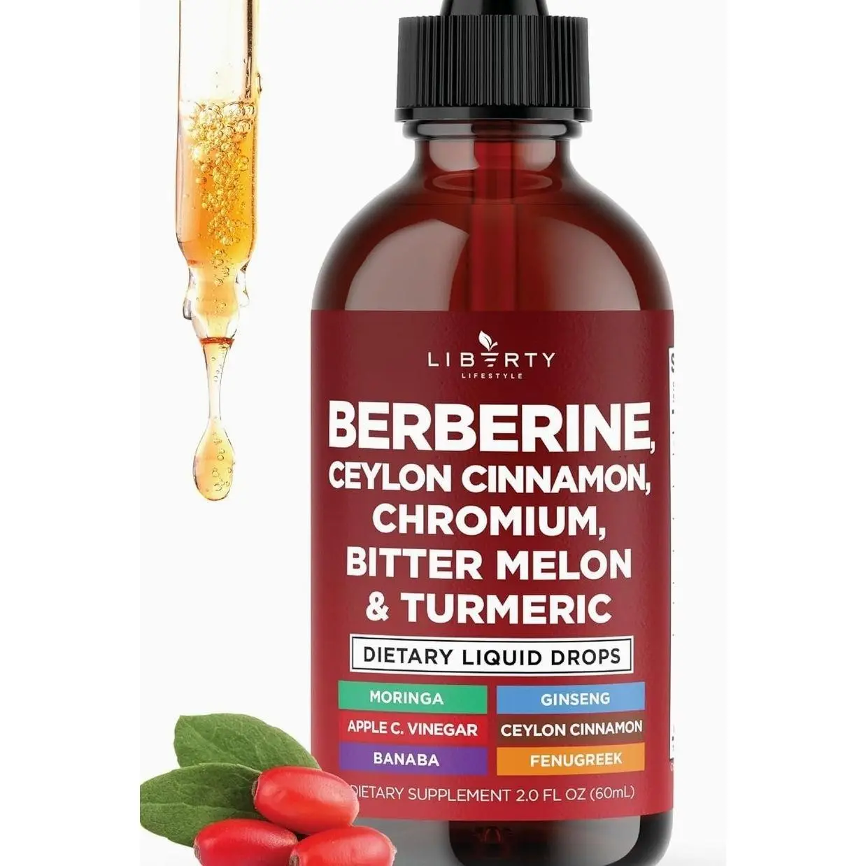 Berberine with Ceylon Cinnamon Supplement Liquid Drops + Bitter Melon Extract, Glucomannan, Gymnema, Chromium, Turmeric, Panax Ginseng, Moringa- 2 OZ
