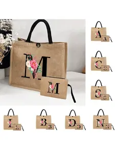 Tote Bag, A Printed Initials A-T Tote Bag And A Printed Small Bag, Letters, Flowers, Personalized Gift Package, Combination Of Small And Large Bags, For Weddings, Birthdays, Beaches, Holidays, For Women, Mothers, Teachers, Friends, Mom Tote Bag