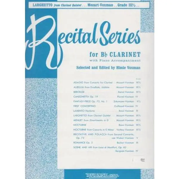 USED Book - Larghetto from Clarinet Quintet: Solo for Clarinet & Piano (Recital Series for Bb Clarinet) by Wolfgang Amadeus Mozart (Unknown)