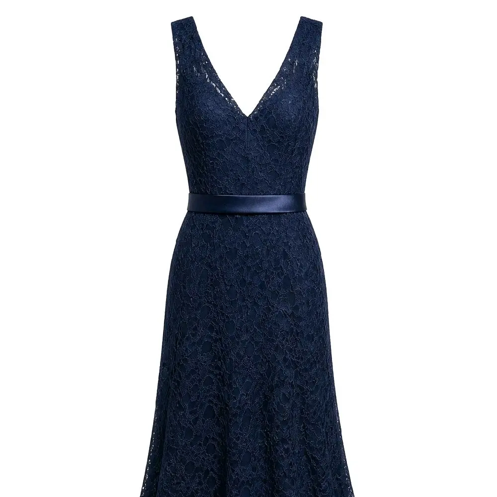 NWT Morilee Navy Blue Floral Lace V-Neck Sleeveless A-Line Formal Gown, Size 16