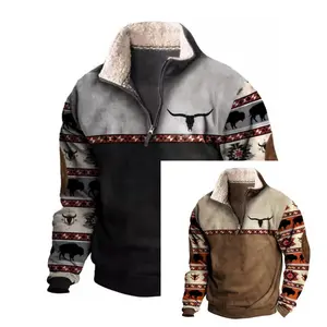Cowboy Bull Head Print Men's Western Fleece Jacket with 1/4 Zip, Stand Collar, and Long Sleeves Menswear Coats Outdoor Sweatshirts Tops Animal
