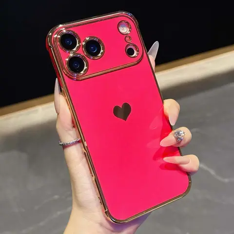 Luxury Gold-Plated TPU Cute Love Heart Phone Case with Side Heart Pattern, Camera Protection & Dust-Proof Net for iPhone 11/12/13/14/15/16/17 Pro Max HL