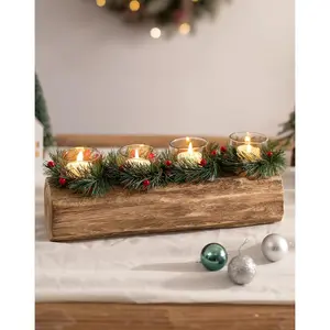 Romadedi Yule Log Candle Holder: Christmas Table Centerpiece Decor Tealight Holders with Rustic Farmhouse Wood Tray Mini Wreath for Dining Tables Fireplace Party Living Room Indoor Home Decorations