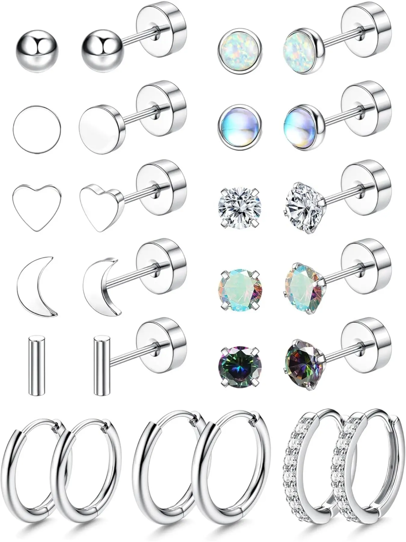 13 Pairs Flat Back Earrings Surgical Steel Hypoallergenic Earrings Stud Hoop Earrings for Women Men 20G Cartilage Sleeper Earrings Moonstone Opal CZ Earring Sets for Multiple Piercings Studs Earrings
