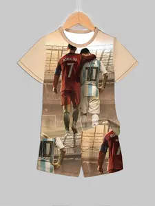 Kids Junior Ronaldo & Messi Together Football Star Print Short Sleeve & Shorts Loungewear Set Outfit
