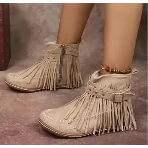 Women'S Vintage Western Cowboy Boots with Rivet Details & Fringe - Slip-On Pointed Toe Chunky Heel, Green Fabric Upper & TPR Sole for Casual All-Season Wear, Cowgirl Boots, Allseason Footwear, Pointedtoe Boots, Durable Construction, Walking Shoes Onyx