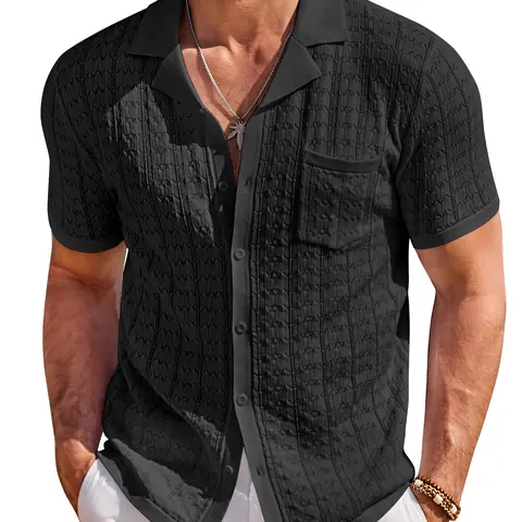 COOFANDY Men's Knit Button Down Shirt Short Sleeve Vintage Polo Shirts Summer Casual Beach Tops Classic Menswear