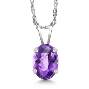 Gem Stone King 0.75 Ct Oval Checkerboard Purple Amethyst 14K White Gold Pendant with Chain