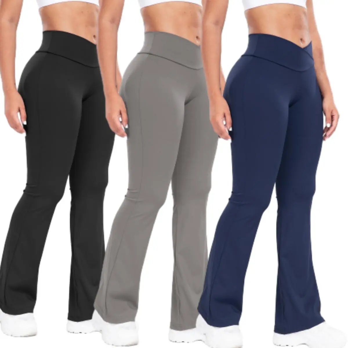 Women Plain Crossover Wrap High Waist Flare Leggings, 75% Nylon 25% Spandex High Stretch Sports Pants, Tummy Control All Season Indoor Outdoor Active Bottoms