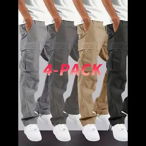 4pcs Men'S Cargo Pants - Loose Fit, Multi Pockets, Machine Washable, Ideal for Outdoor Activities in Spring & Autumn Menswear Trouser sweatpants men Fabric Musical Beige Multicolor Plain linen pants outfits parachute pants outfits the black bottoms