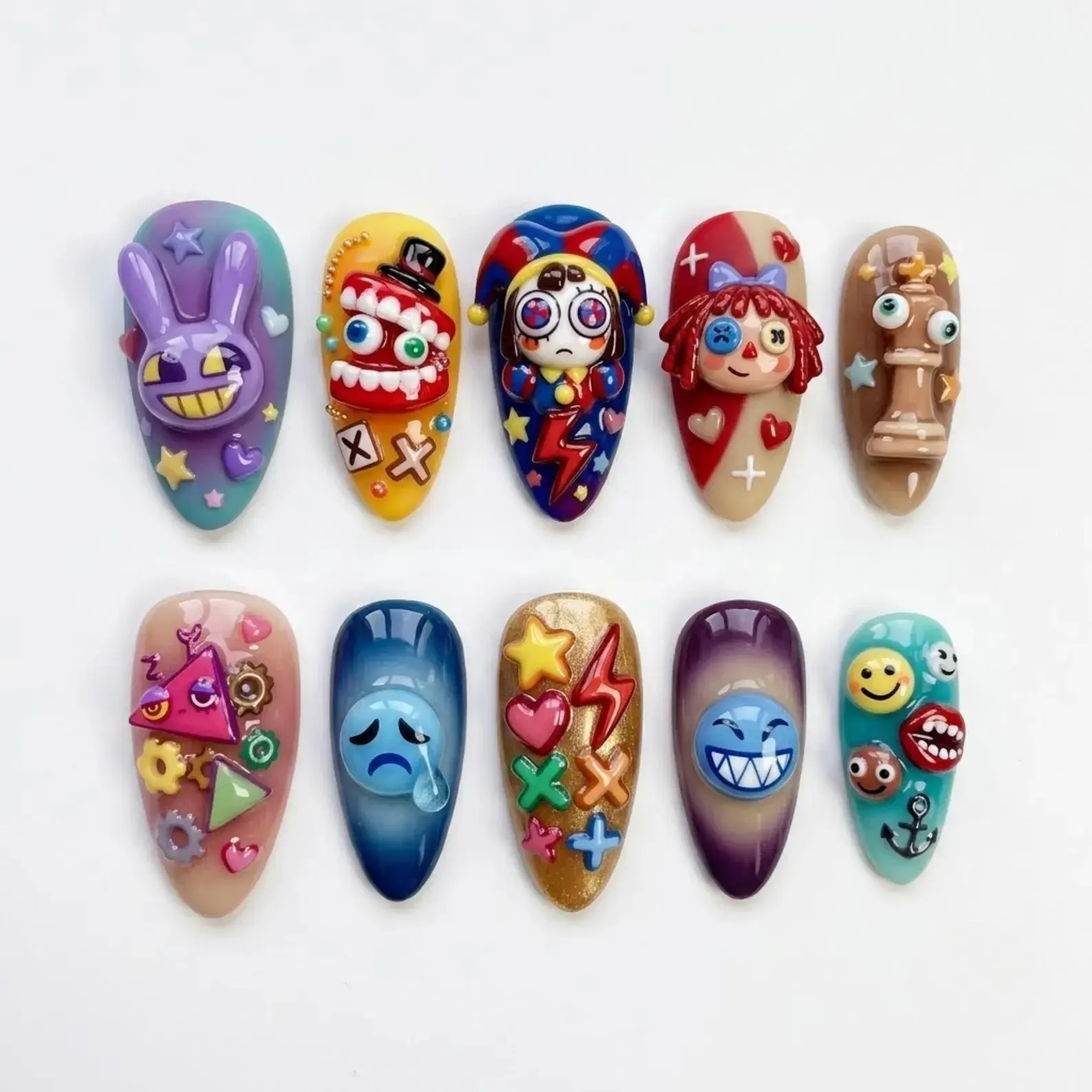 Digital Circus Press On Nails | 3D TADC Inspired Character Fake Nails | Kawaii Weirdcore Long Almond Set