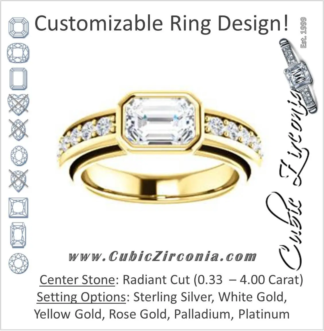 Cubic Zirconia Engagement Ring- The Racquel (Customizable Cathedral-Bezel Radiant Cut Design with Stackable Round-Accented Band)