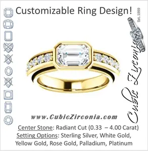 Cubic Zirconia Engagement Ring- The Racquel (Customizable Cathedral-Bezel Radiant Cut Design with Stackable Round-Accented Band)