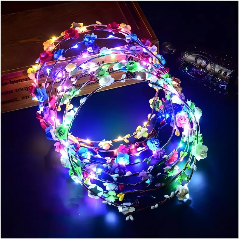 Women's 30-Piece Plastic Glow-in-the-Dark Floral Crown Headbands - Shimmering Flower Headpiece, Unisex Hair Accessories for Weddings, Beach, Cosplay Events (Home & Party Supplies)