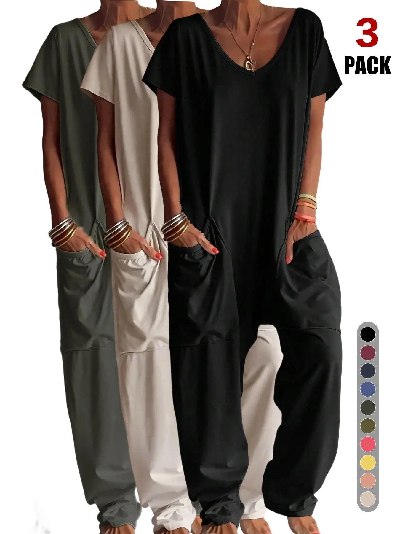 2026 Women Casual Harem Jumpsuit, Short Sleeve V Neck, Loose-Fitting Baggy Wide Leg Romper, One Piece Jumper with Pocket, All Seasons