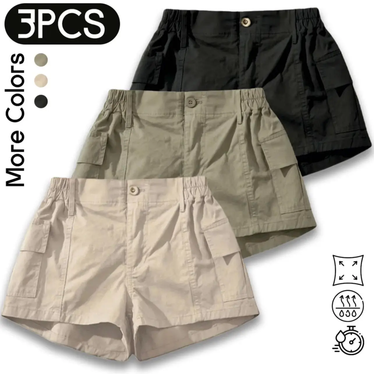 3-Pack High-Waisted Cargo Shorts for Women – Tummy Control Elastic Waist, Multiple Pockets, Summer Fit