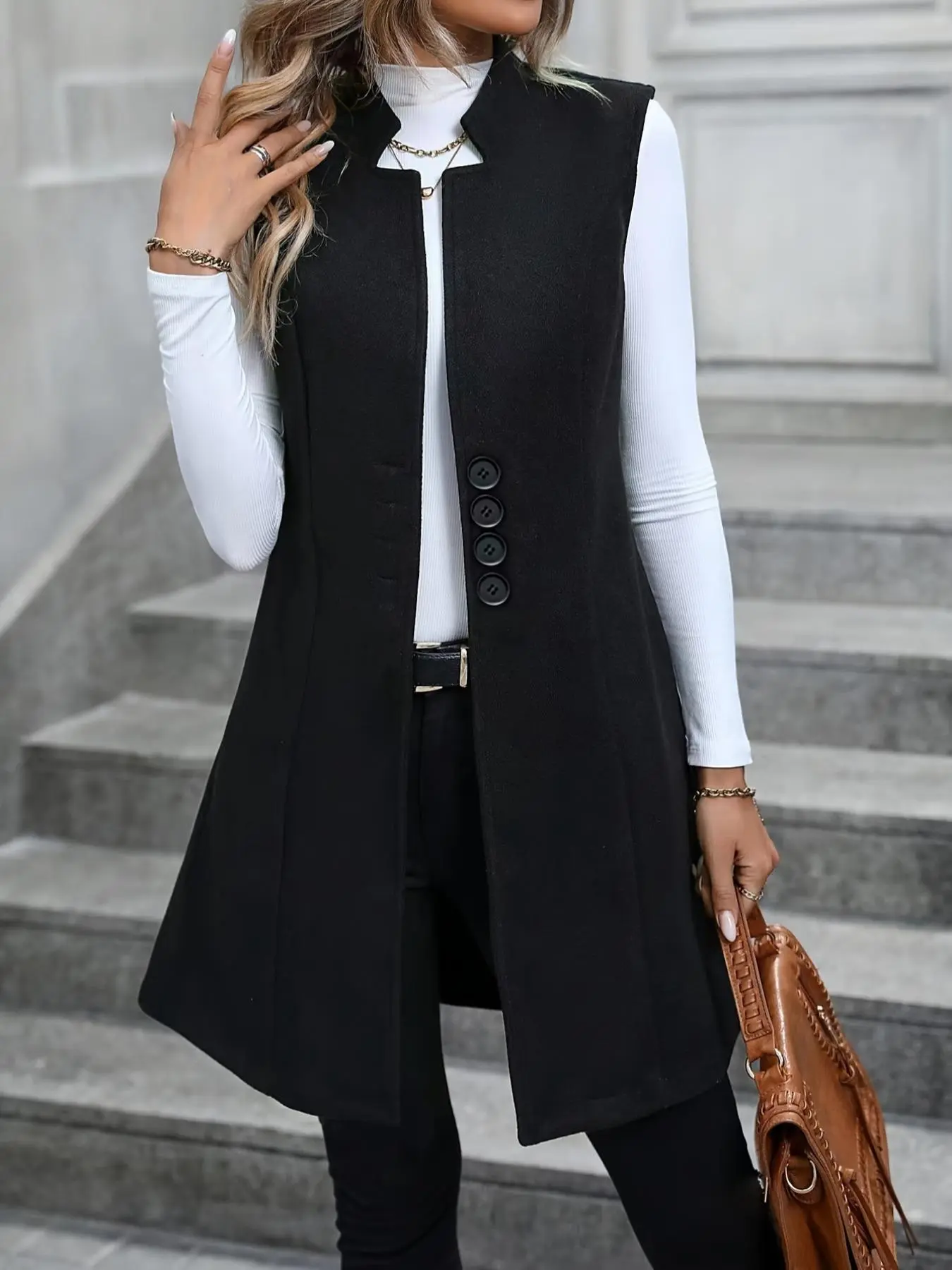 Women's Solid Basic Button Front Pocket Woven Vest, Elegant Chic Aesthetic Fashion Casual Stand Collar Sleeveless Outerwear for Daily Outdoor Wear, Women Clothing Womenswear for Fall & Winter, Fit, Fitted
