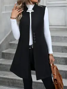 Women's Solid Button Front Pocket Woven Vest, Elegant Chic Aesthetic Fashion Casual Stand Collar Sleeveless Outerwear for Daily Outdoor Wear, Women Clothing Womenswear for Fall & Winter, Fit, Fitted