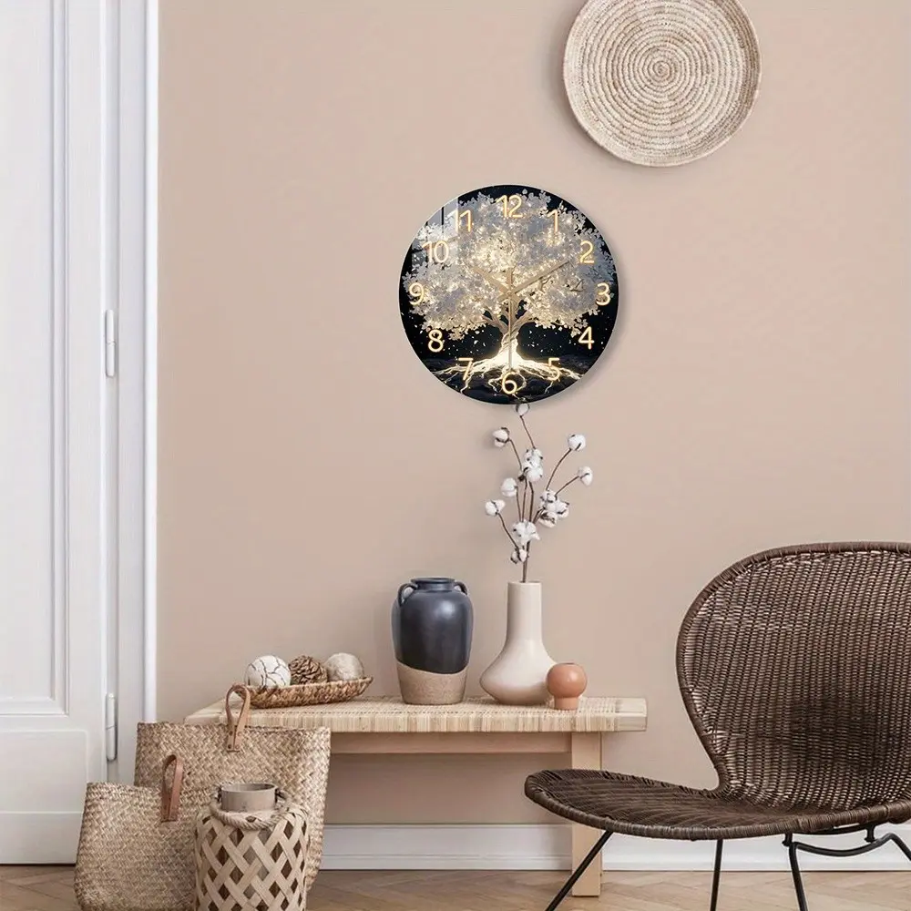 Acrylic Wall Clock Fantasy Theme, Glowing Tree Roots and Leaves Design, Silent Battery Operated Decorative Clock for Living Room Bedroom Decor, Perfect Gift, Led Wall Clocks