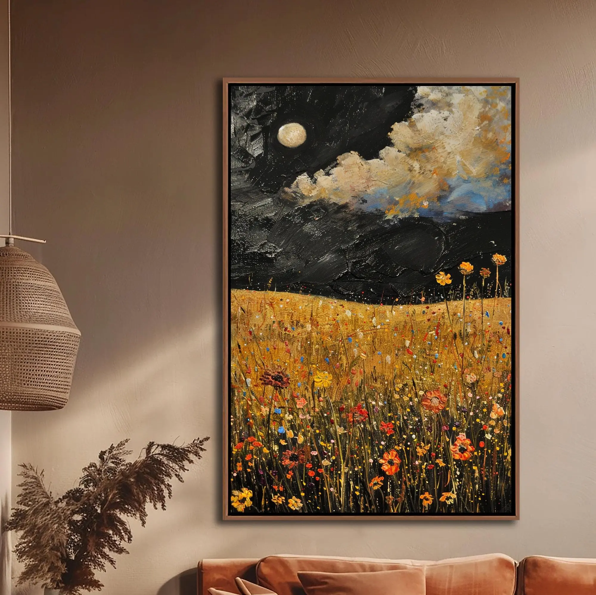 Wildflowers Field  Wall Art, Abstract Night Sky & Moon Decor, Vintage Floral photo paper Art, Rustic Farmhouse Living Room photo paper Print