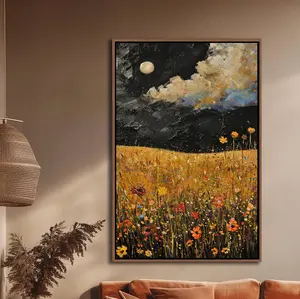 Wildflowers Field  Wall Art, Abstract Night Sky & Moon Decor, Vintage Floral photo paper Art, Rustic Farmhouse Living Room photo paper Print