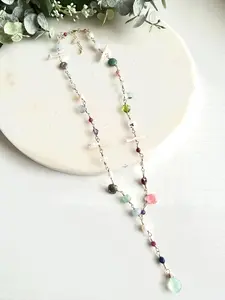 Multi-Gemstone Wire-Wrapped Lariat Necklace – Mixed Gemstone Drop Necklace