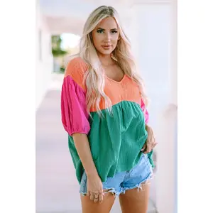Spicing Things Up Crinkle Bubble Sleeve Gauze Top | Multi Color Block