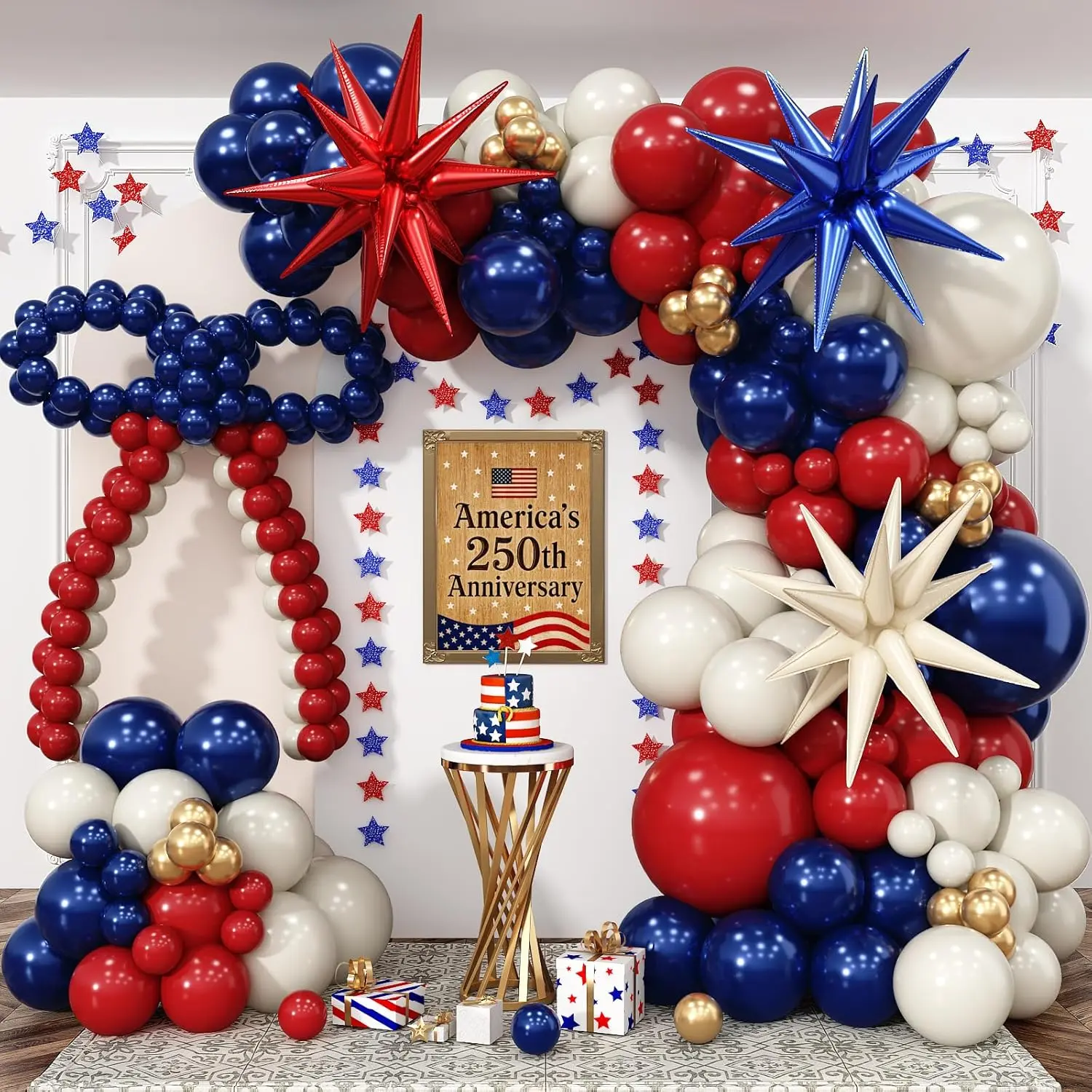 Patriotic Balloon Arch Kit Red Blue White Gold Garland with Star Foil Balloons Party Decor