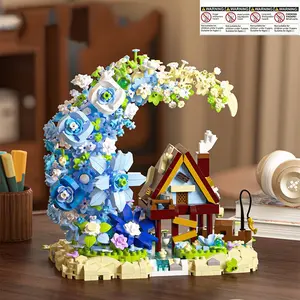 Moon Flower Tree House Building Set, 1340 Pieces, Blue Floral Crescent Model, DIY Decorative Toy, Stress Relief Gift for Teens and Adults, Building Blocks