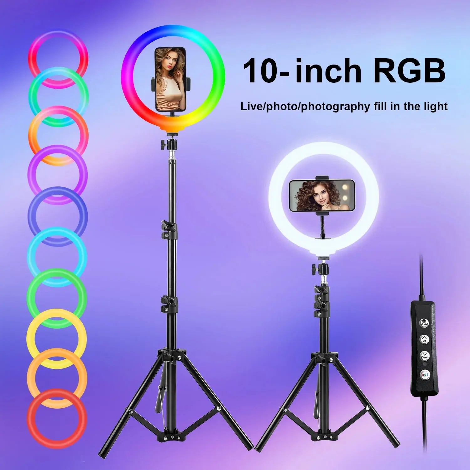 10 Inch RGB Ring Light, Color Temperature Dimmer Control, USB Power Supply, with Tripod and Phone Clip for Photo Selfie, Video Smartphone Cellphone