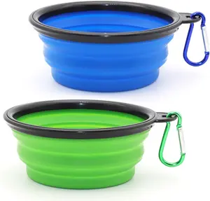 Dog Bowl Pet Collapsible Bowls, 2 Pack for Cats Dogs, Portable Pet Feeding Watering Dish for Walking Parking Traveling with 2 Carabiners (Small, Blue+Green) SLSON