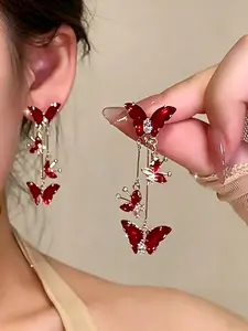 Romantic Butterfly Dangle Earrings,Long Tassel Crystal Dangle Earrings, Elegant Purple/Red Butterfly Jewelry, Hypoallergenic Studs for Women, Sparkly Statement Earrings for Parties & Dates, Versatile for Weddings, Bridal & Everyday Wear, Party Earrings
