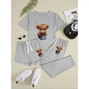 Women's Cartoon Highland Cow Print Pajama Set, 3 Piece Sleepwear Collection, Casual Fitted Nightwear for All Seasons