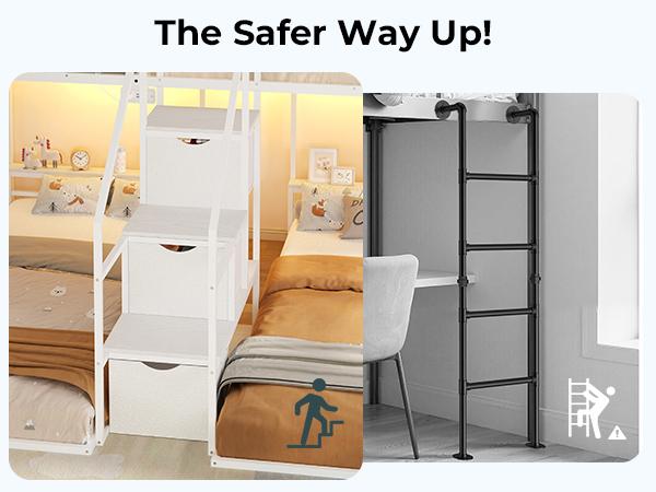 ADORNEVE Triple Bunk Bed with Storage Staircase, RGB Lights & Charging Station, Twin Over Twin, Heavy Duty Metal 3 Bunk Beds with Drawers & Headboard Shelf, Safety Guardrails, for Kids